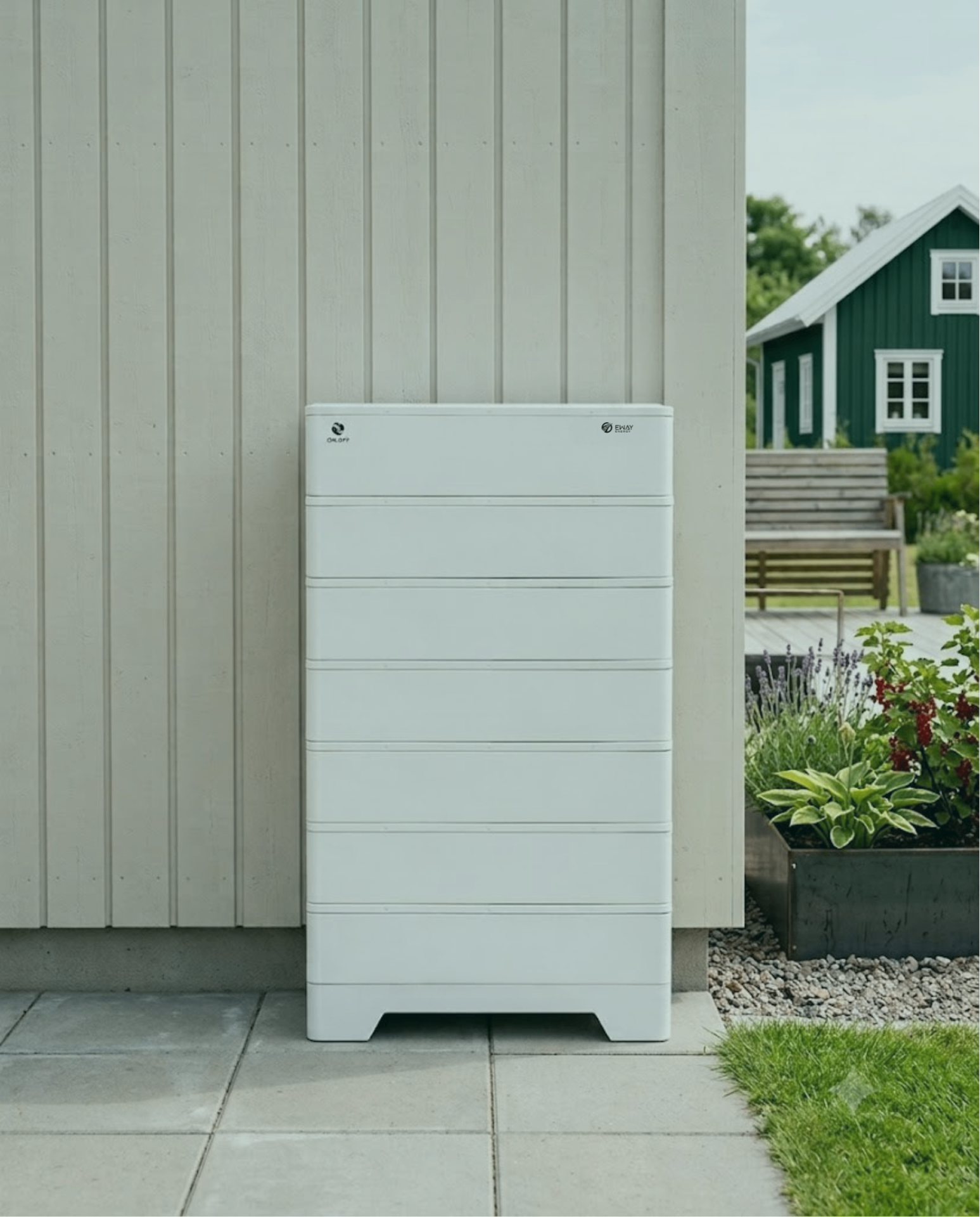 Batterilagring monterad utomhus vid hus