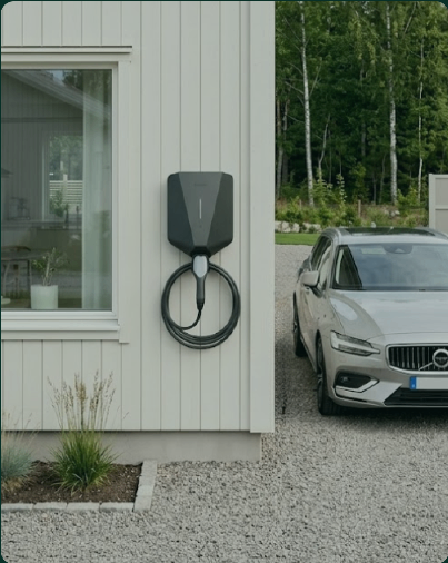 Elbilsladdare monterad på husvägg bredvid bil
