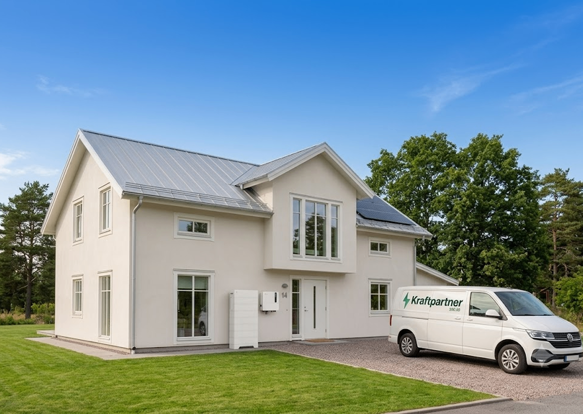 Villa i södra Sverige med Kraftpartners installationsbil